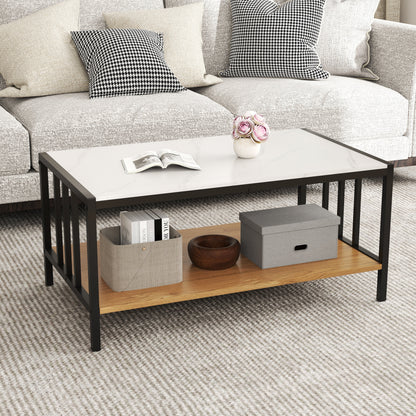 Modern 2 Tier Coffee Table with Faux Marble Sintered Stone Top and Open Storage Shelf