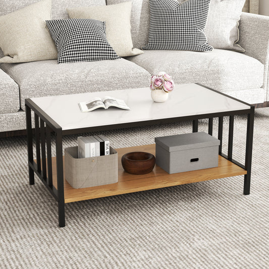 Modern 2 Tier Coffee Table with Faux Marble Sintered Stone Top and Open Storage Shelf