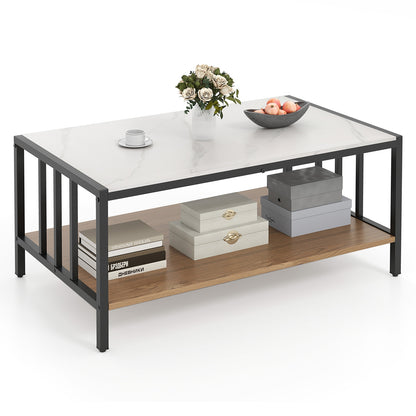 Modern 2 Tier Coffee Table with Faux Marble Sintered Stone Top and Open Storage Shelf