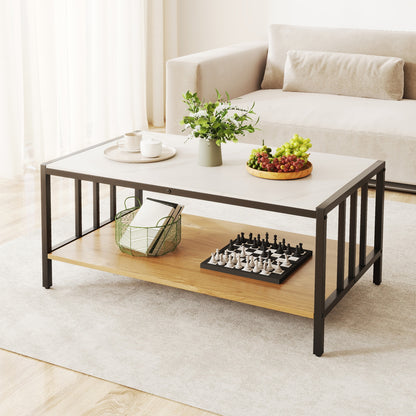 Modern 2 Tier Coffee Table with Faux Marble Sintered Stone Top and Open Storage Shelf
