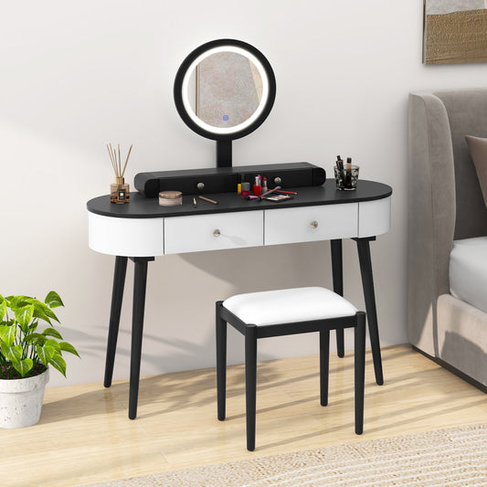 Makeup Vanity Table Set with Adjustable LED Mirror, Cushioned Stool and 4 Storage Drawers – White & Black