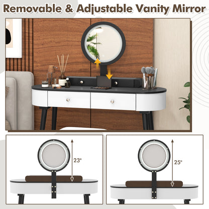 Makeup Vanity Table Set with Adjustable LED Mirror, Cushioned Stool and 4 Storage Drawers – White & Black