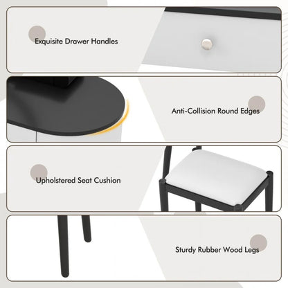Makeup Vanity Table Set with Adjustable LED Mirror, Cushioned Stool and 4 Storage Drawers – White & Black