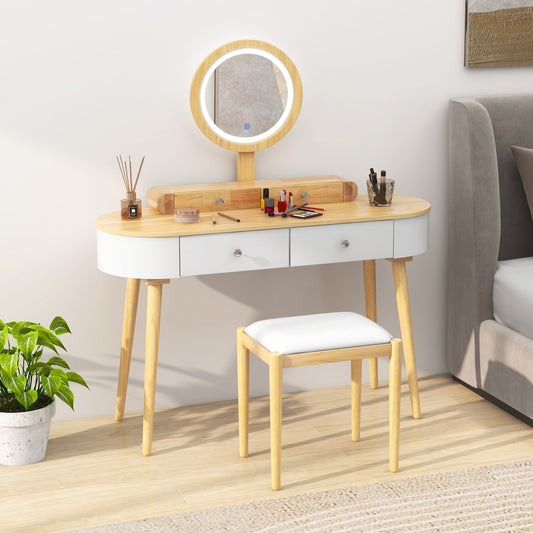 Makeup Vanity Table Set with Adjustable LED Mirror, Cushioned Stool and 4 Storage Drawers – White & Natural