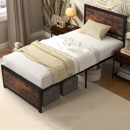 Twin Platform Bed Frame with High Headboard, Quiet Metal Structure and Underbed Clearance