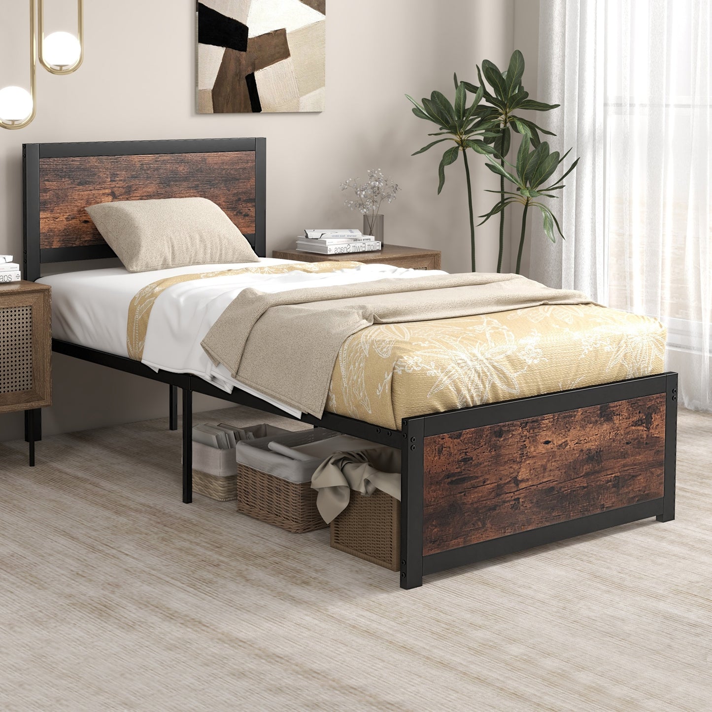 Twin Platform Bed Frame with High Headboard, Quiet Metal Structure and Underbed Clearance