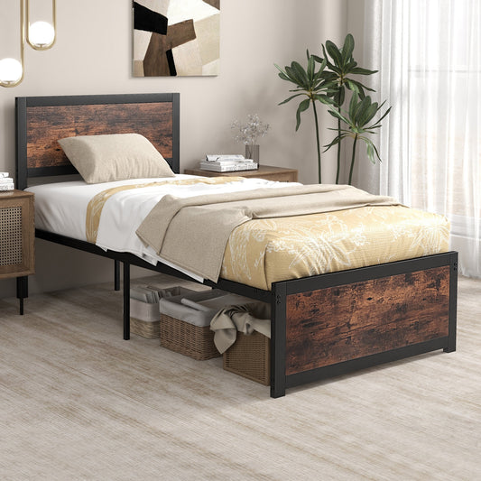 Twin Platform Bed Frame with High Headboard, Quiet Metal Structure and Underbed Clearance