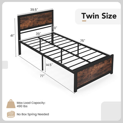 Twin Platform Bed Frame with High Headboard, Quiet Metal Structure and Underbed Clearance