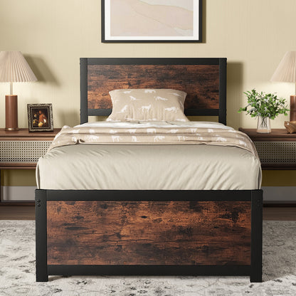 Twin Platform Bed Frame with High Headboard, Quiet Metal Structure and Underbed Clearance