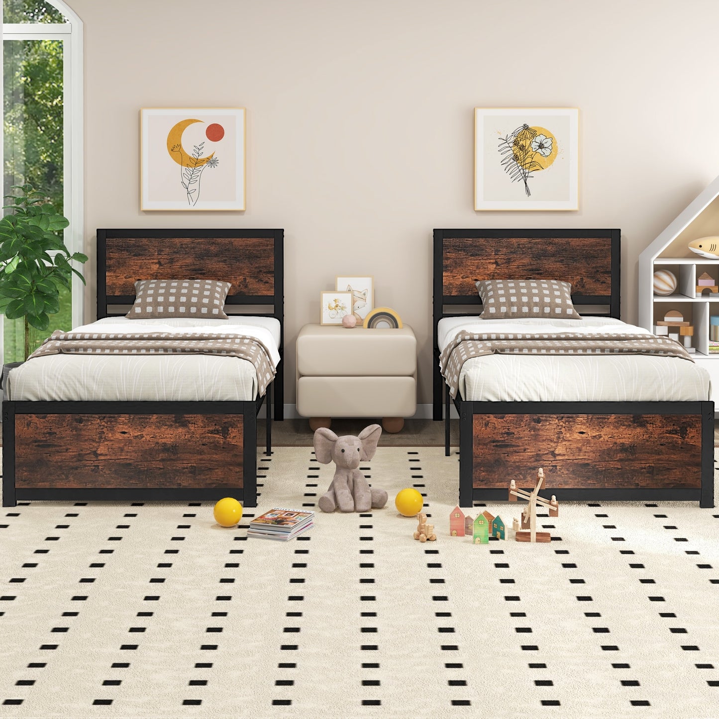 Twin Platform Bed Frame with High Headboard, Quiet Metal Structure and Underbed Clearance