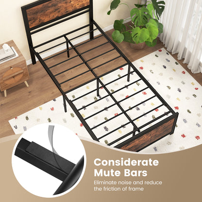 Twin Platform Bed Frame with High Headboard, Quiet Metal Structure and Underbed Clearance