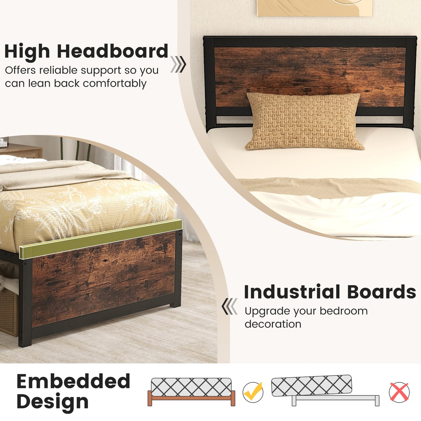Twin Platform Bed Frame with High Headboard, Quiet Metal Structure and Underbed Clearance