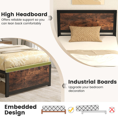 Twin Platform Bed Frame with High Headboard, Quiet Metal Structure and Underbed Clearance