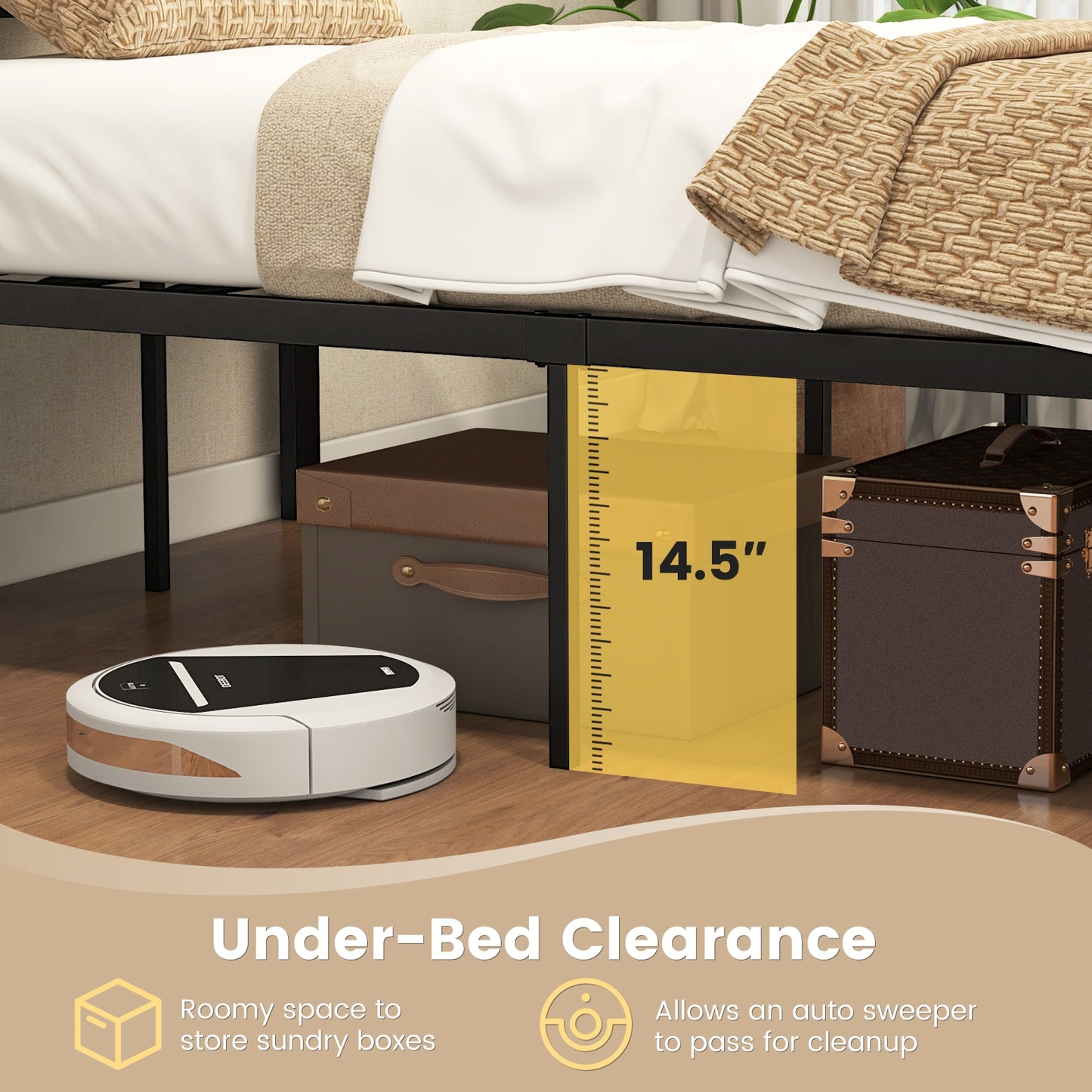 Twin Platform Bed Frame with High Headboard, Quiet Metal Structure and Underbed Clearance