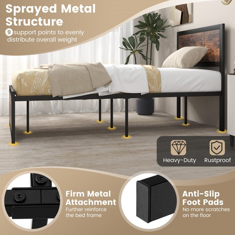 Twin Platform Bed Frame with High Headboard, Quiet Metal Structure and Underbed Clearance