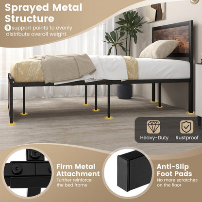 Twin Platform Bed Frame with High Headboard, Quiet Metal Structure and Underbed Clearance