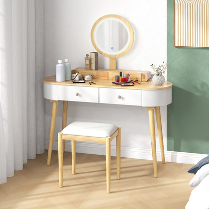 Makeup Vanity Table Set with Adjustable LED Mirror, Cushioned Stool and 4 Storage Drawers – White & Natural
