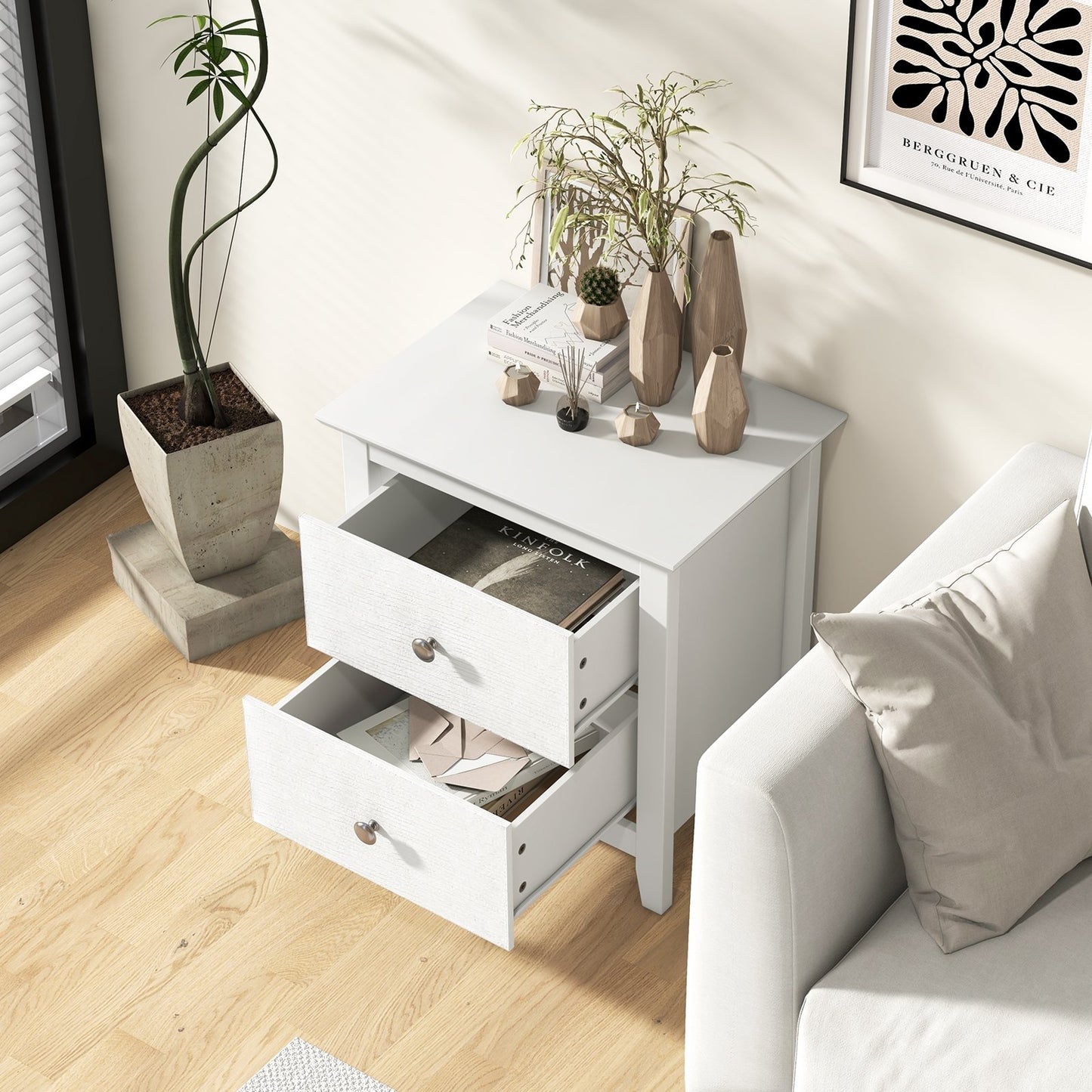 Compact 2 Drawer Nightstand for Small Spaces with Sleek Modern Design in White