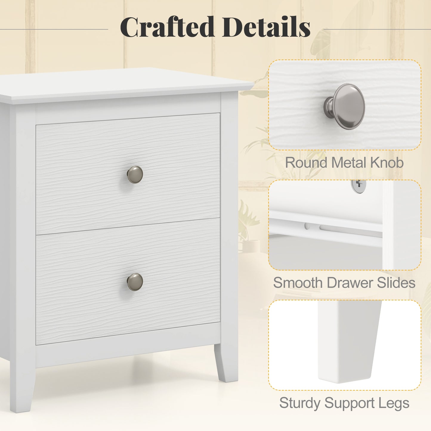 Compact 2 Drawer Nightstand for Small Spaces with Sleek Modern Design in White