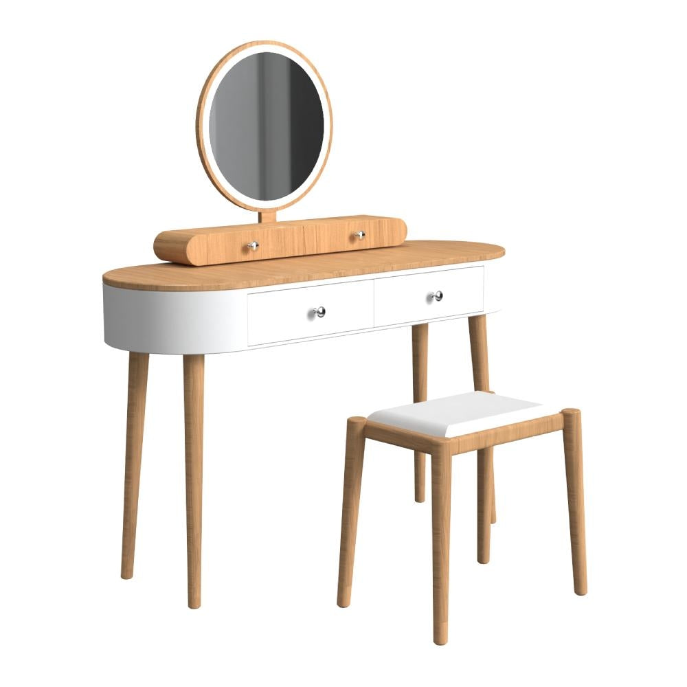 Makeup Vanity Table Set with Adjustable LED Mirror, Cushioned Stool and 4 Storage Drawers – White & Natural