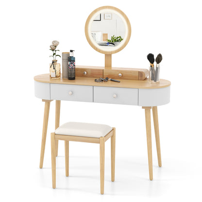 Makeup Vanity Table Set with Adjustable LED Mirror, Cushioned Stool and 4 Storage Drawers – White & Natural
