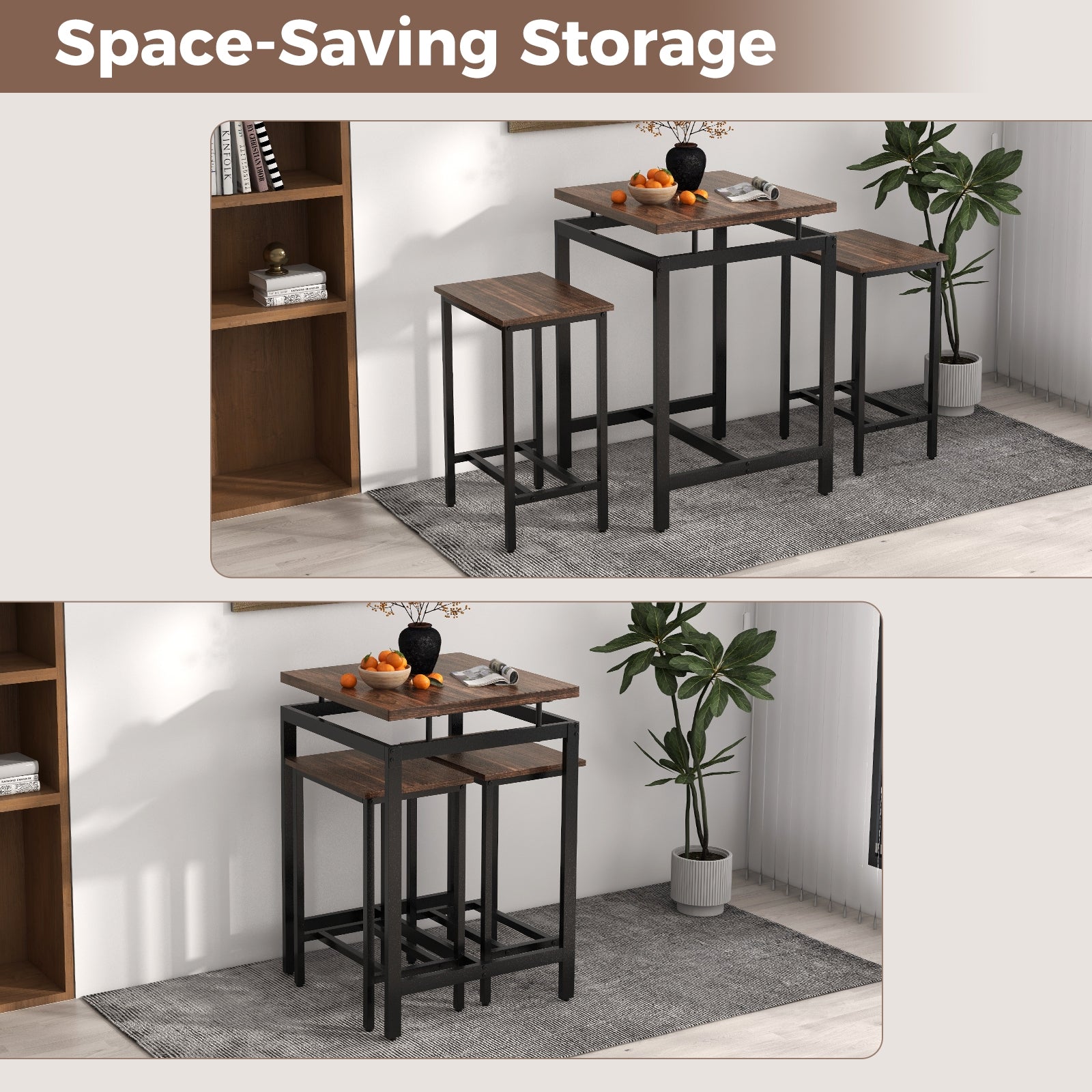 Space-saving storage solution with nesting tables and shelves.
