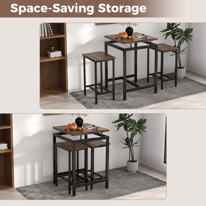 Space-saving storage solution with nesting tables and shelves.
