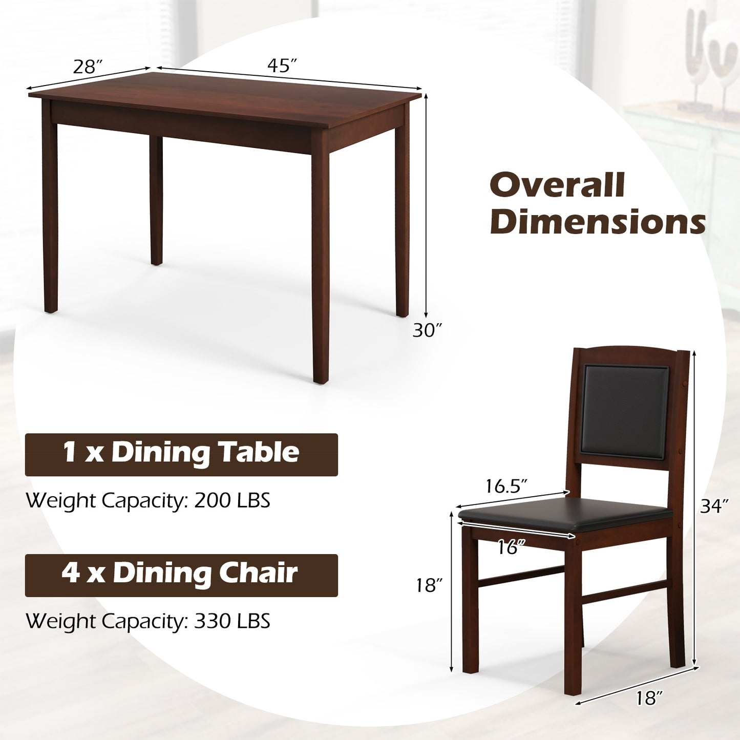 5 Piece Wooden Dining Set with Padded Chairs and Rectangular Table for Small Spaces - Brown