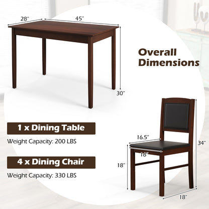 5 Piece Wooden Dining Set with Padded Chairs and Rectangular Table for Small Spaces - Brown