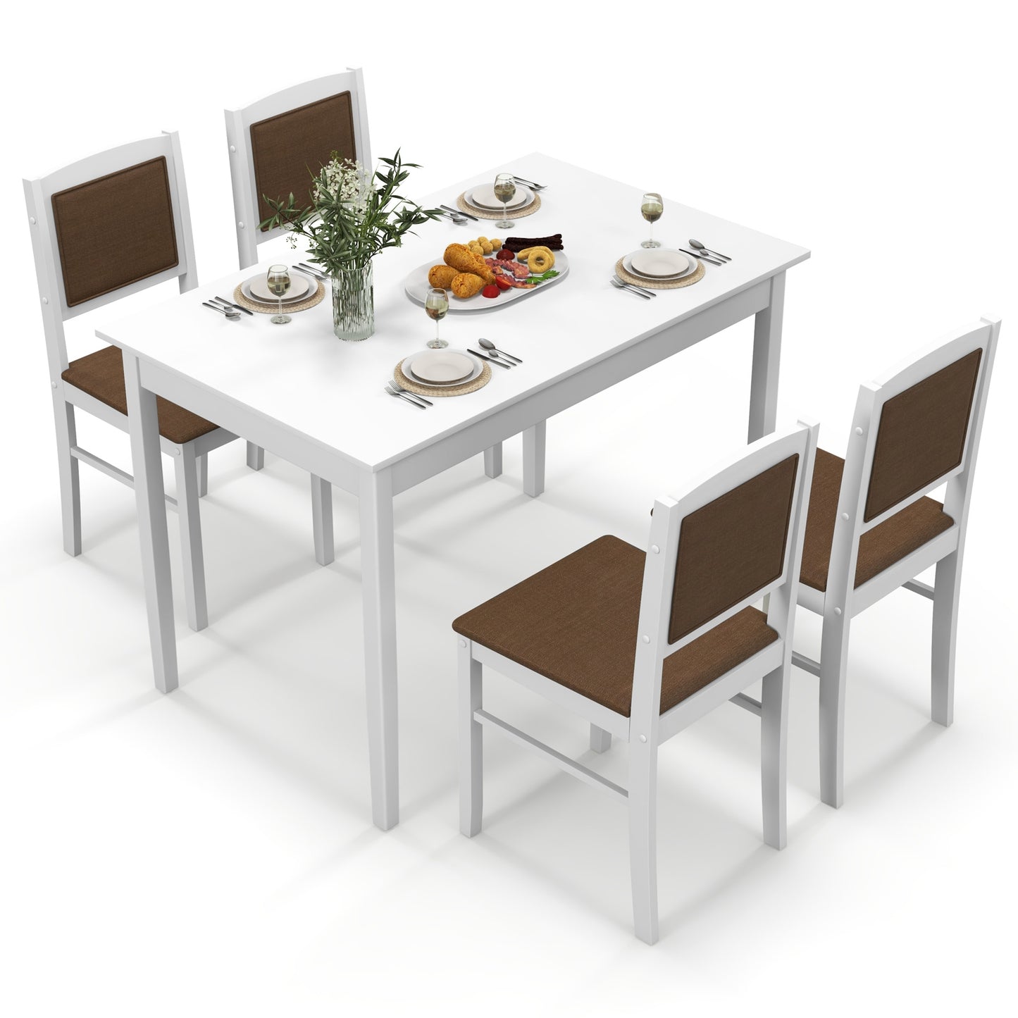 5 Piece Wooden Dining Set with Padded Chairs and Rectangular Table for Small Spaces - White