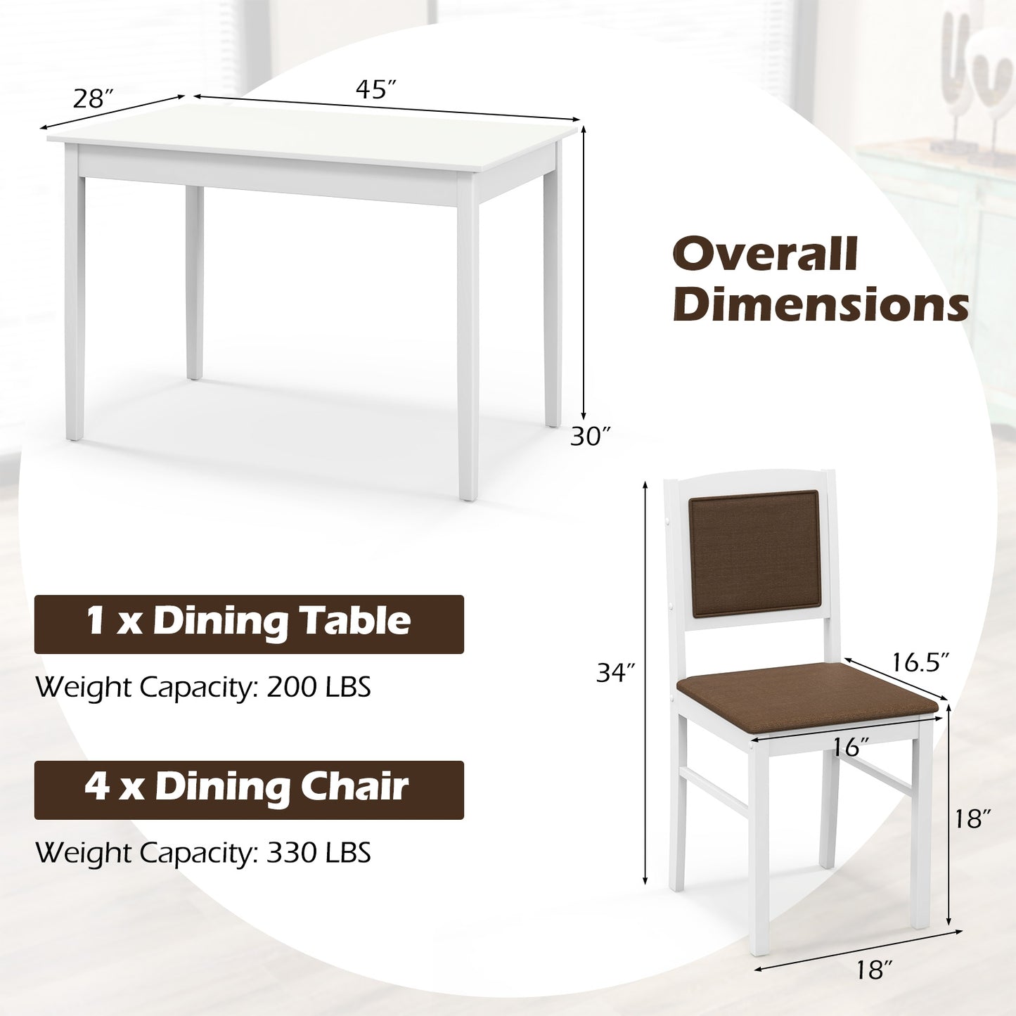 5 Piece Wooden Dining Set with Padded Chairs and Rectangular Table for Small Spaces - White