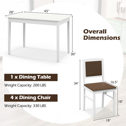 5 Piece Wooden Dining Set with Padded Chairs and Rectangular Table for Small Spaces - White
