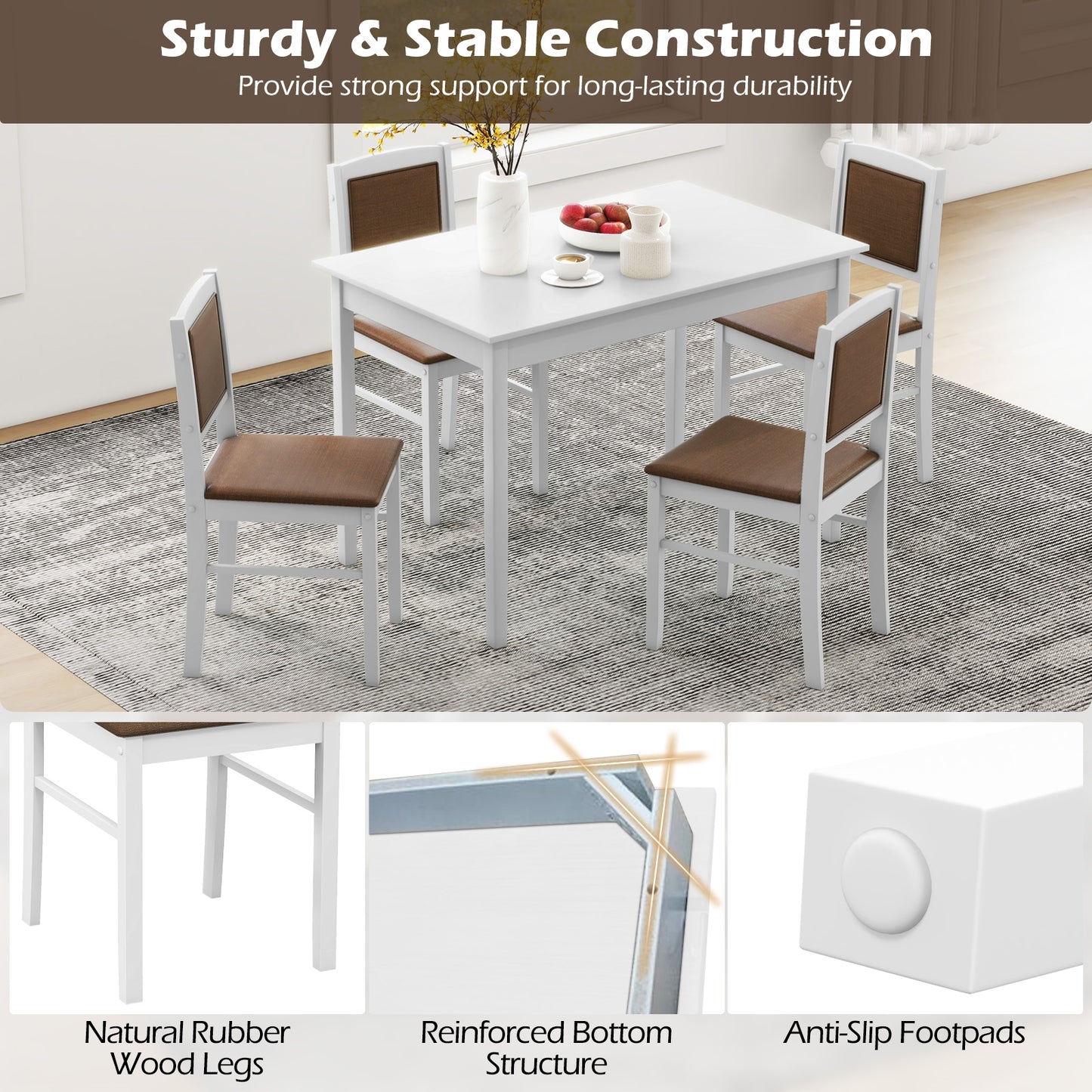 5 Piece Wooden Dining Set with Padded Chairs and Rectangular Table for Small Spaces - White