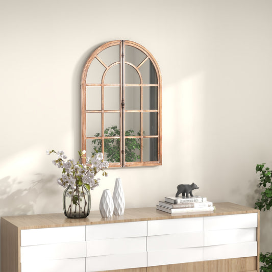 Rustic Arched Window Pane Farmhouse Wall Mirror with Wooden Frame