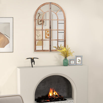 Rustic Arched Window Pane Farmhouse Wall Mirror with Wooden Frame