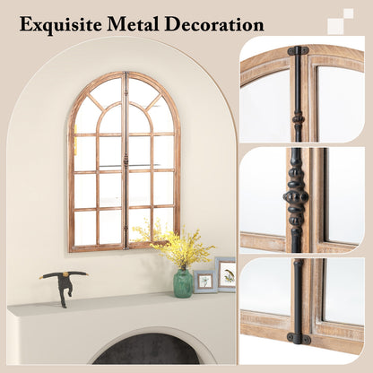 Rustic Arched Window Pane Farmhouse Wall Mirror with Wooden Frame