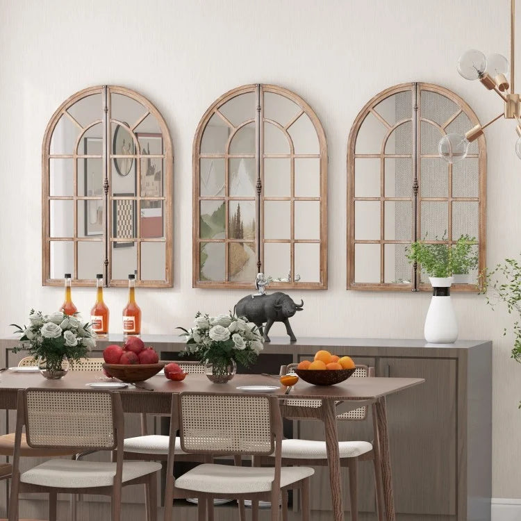 Rustic Arched Window Pane Farmhouse Wall Mirror with Wooden Frame