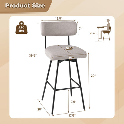 Set of 2 29 Inch Upholstered Swivel Bar Stools with Comfortable Backrest - Beige