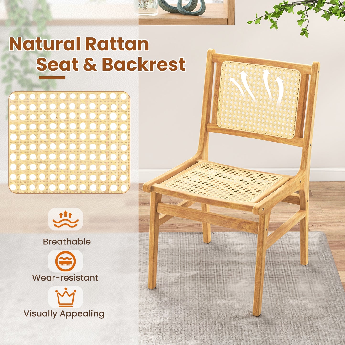 Teak Wood Rattan Dining Chair with Natural Cane Backrest