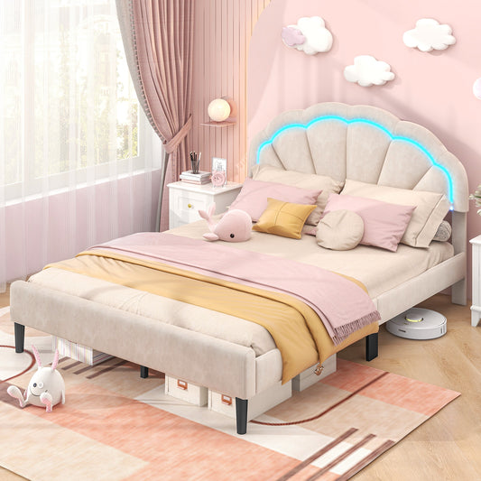 Velvet Upholstered Bed in Beige with RGB LED Lighting, Petal-Inspired Headboard and Sturdy Frame – Queen