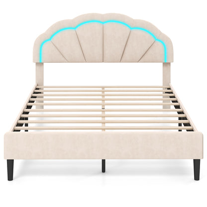 Velvet Upholstered Bed in Beige with RGB LED Lighting, Petal-Inspired Headboard and Sturdy Frame – Queen