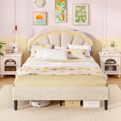 Velvet Upholstered Bed in Beige with RGB LED Lighting, Petal-Inspired Headboard and Sturdy Frame – Queen