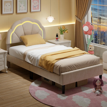 Velvet Upholstered Bed in Beige with RGB LED Lighting, Petal-Inspired Headboard and Sturdy Frame – Twin