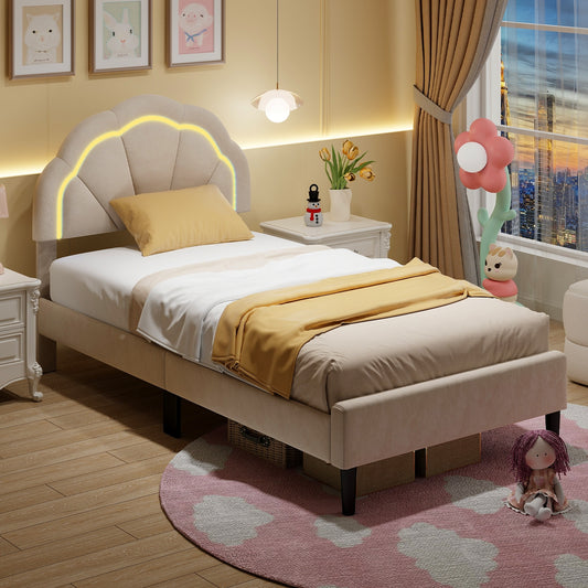 Velvet Upholstered Bed in Beige with RGB LED Lighting, Petal-Inspired Headboard and Sturdy Frame – Twin