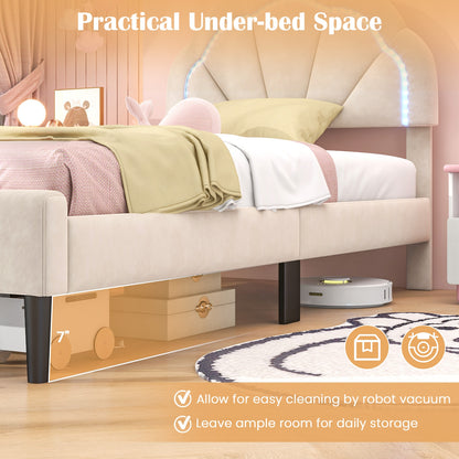 Velvet Upholstered Bed in Beige with RGB LED Lighting, Petal-Inspired Headboard and Sturdy Frame – Twin