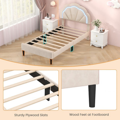 Velvet Upholstered Bed in Beige with RGB LED Lighting, Petal-Inspired Headboard and Sturdy Frame – Twin