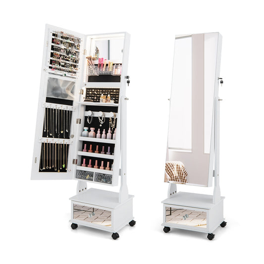 47 Inch Lockable Jewelry Armoire with 3-Color LED Lights & Full-Length Mirror - White