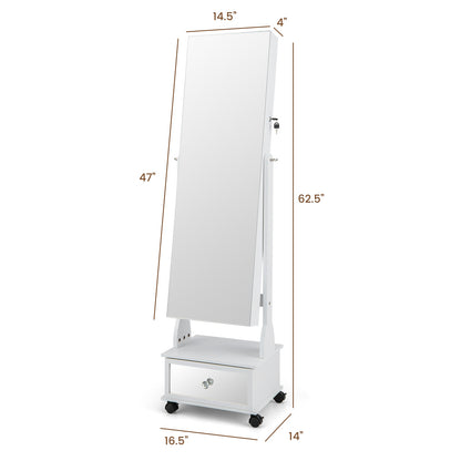 47 Inch Lockable Jewelry Armoire with 3-Color LED Lights & Full-Length Mirror - White