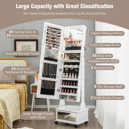 47 Inch Lockable Jewelry Armoire with 3-Color LED Lights & Full-Length Mirror - White