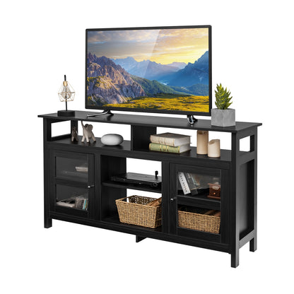 58 Inch TV Stand with Cabinets and Open Shelves for TVs up to 65 Inches, Black Wood Finish